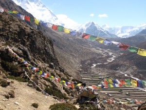 Prayer flags and Dingboche. Soon those fields will be full of potatoes.